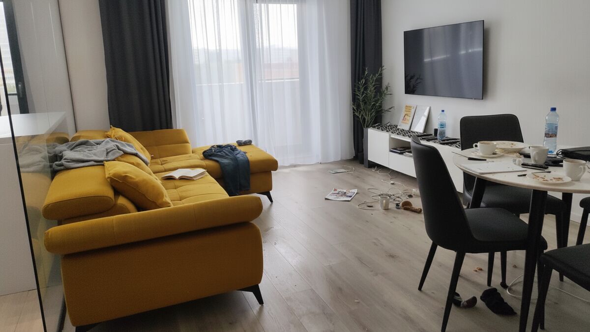 Living dezordonat, cu praf și obiecte împrăștiate, înainte de curățenia generală