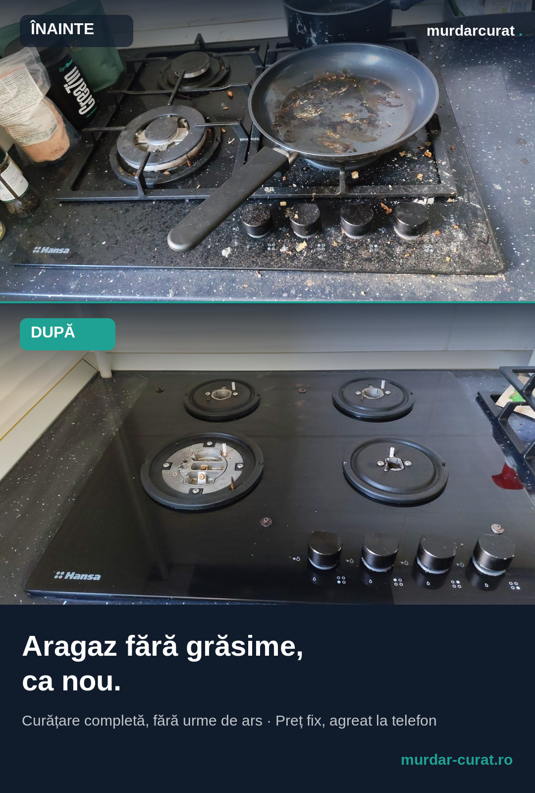 Aragaz cu grăsime arsă pe tigaie și plită înainte și complet degresat după curățenie