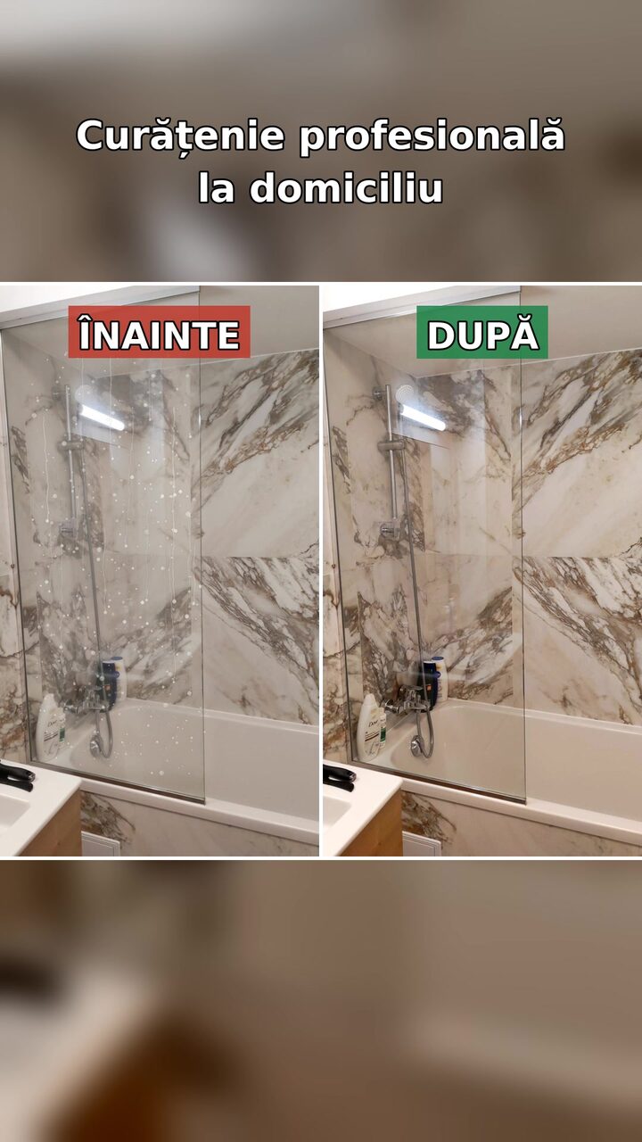Cabină de duș cu depuneri de calcar înainte și complet detartrată după curățenie