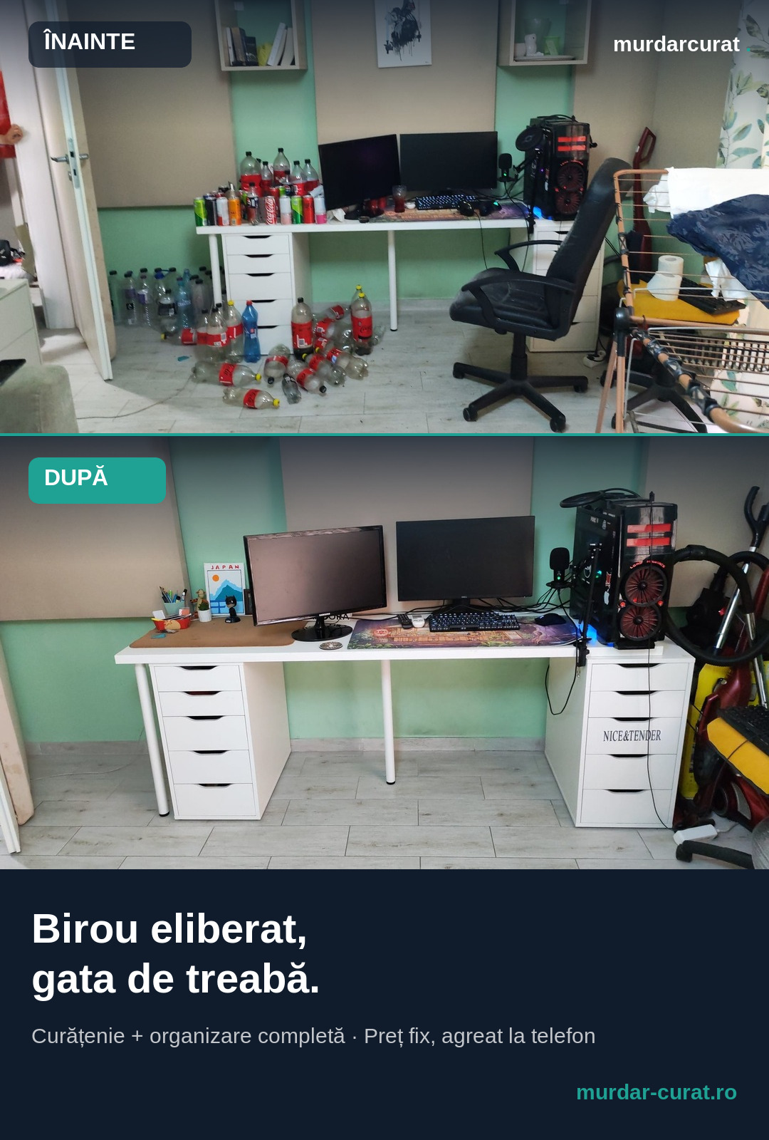 Birou de gaming dezordonat cu sticle înainte și complet eliberat și organizat după curățenie