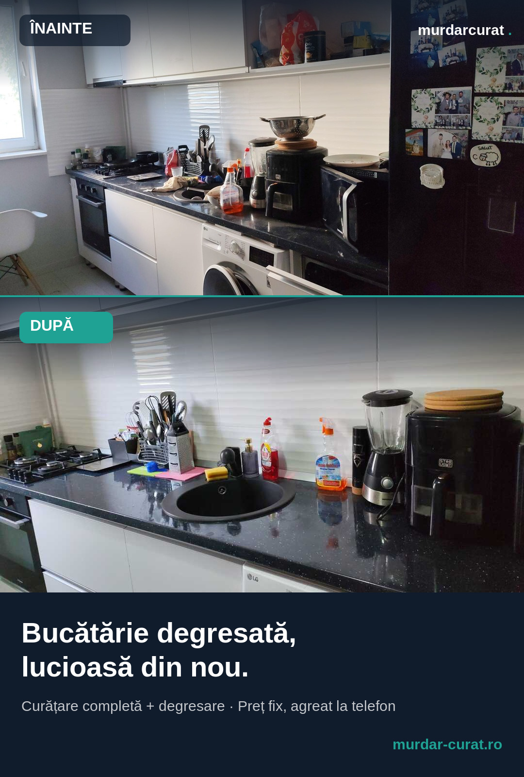 Blat de bucătărie plin de vase și grăsime înainte și complet degresat, lucios după curățenie