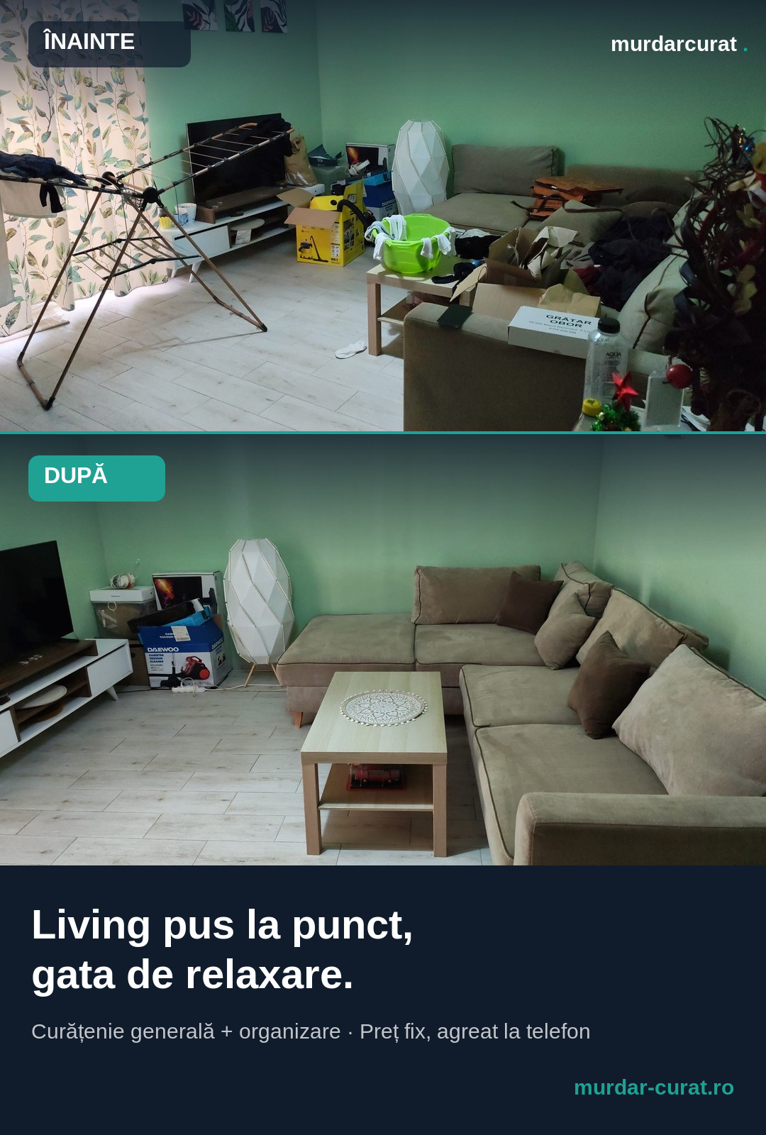 Living cu cutii și rufe împrăștiate înainte și complet ordonat, gata de relaxare după