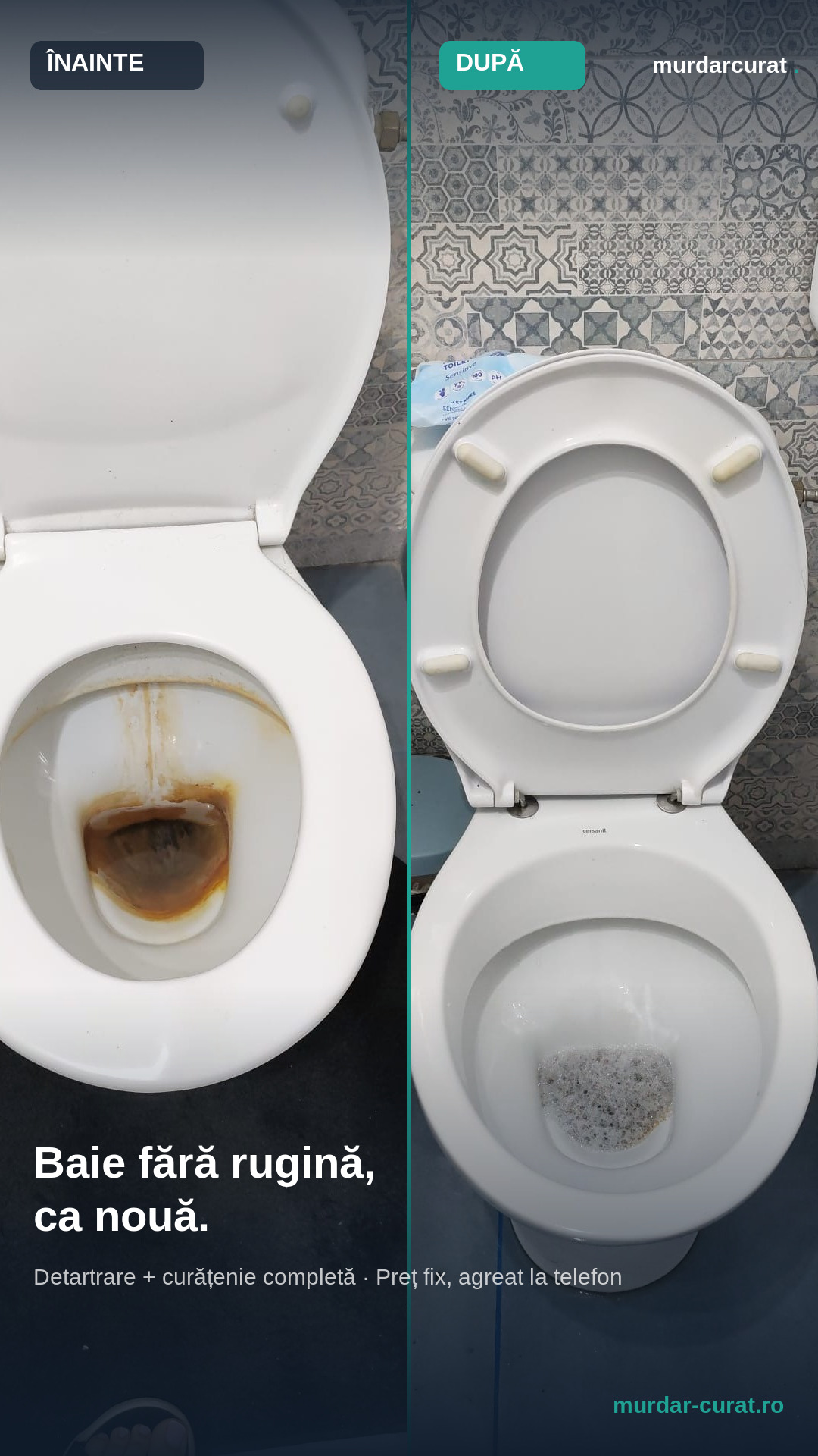 Vas de toaletă cu depuneri de rugină înainte și complet detartrat după curățenie
